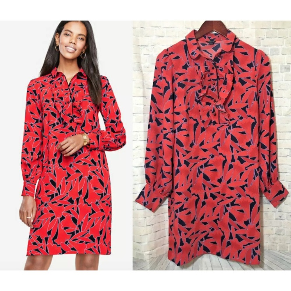 Ann Taylor Red Ruffle Floral Shirtdress